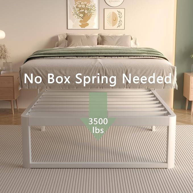 VYM 16 Inch Twin Size Bed Frames, Platform Bed with Metal Gaskets, Metal Bedframe No Box Spring Needed, DIY Headboard, Anti-Slip Mattress Stopper, Round Corner Leg, Easy Assembly, White