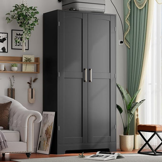 Wooden Armoire Wardrobe Closet, Wardrobe Cabinet with Door and Shelves, Freestanding Bedroom Armoires Clothing Storage Cabinet with Hanging Rod for Bedroom, Laundry Room, Cloak Room（Black）