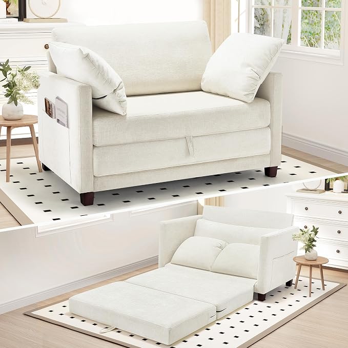 Myroyalsit 51" Convertible Sofa Bed, 2 in1 Folding Sofa Bed, Loveseat Sleeper Sofa for Small Spaces, Fold Out Floor Couch with 2 Pillows for Apartment, Living Room & Guest Room, Beige Chenille Fabric