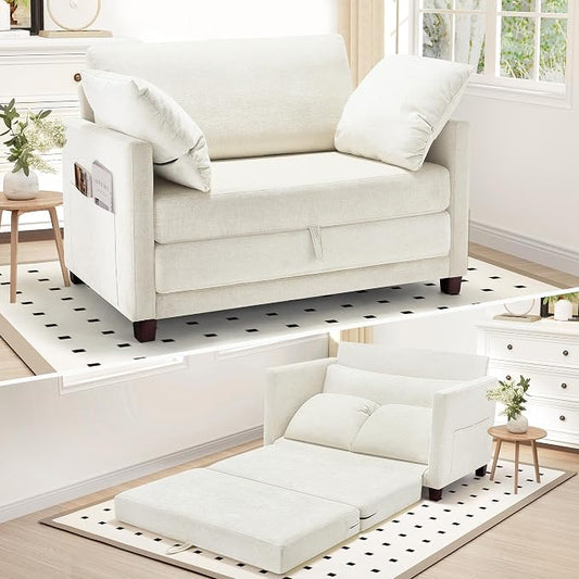 Myroyalsit 51" Convertible Sofa Bed, 2 in1 Folding Sofa Bed, Loveseat Sleeper Sofa for Small Spaces, Fold Out Floor Couch with 2 Pillows for Apartment, Living Room & Guest Room, Beige Chenille Fabric