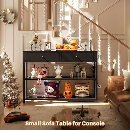 Ecoprsio Entryway Table with Outlets and USB Ports, Console Table with 2 Drawers, Small Sofa Table with Storage Shelves for Living Room, Couch, Hallway, Foyer, Kitchen Counter, 32'', Black