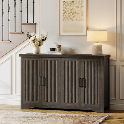 Memobarco Fluted Buffet Cabinet with Storage Accent Sideboard,Modern Credenza with 4 Doors & Adjustable Shelves,Wood Coffee Bar Table Console for Dining Room Kitchen Living Room Entryway,Gray