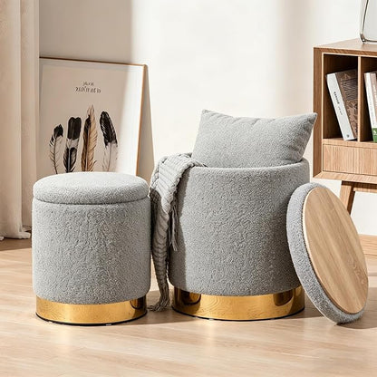 Round Ottoman with Storage Set of 2 Vanity Stool, Footstool with Removable Lid Small Ottoman Stool Small for Living Room, Bedroom, Hallway, Dorm, Assembly Free Teddy Fleece (Sherpa Gray)