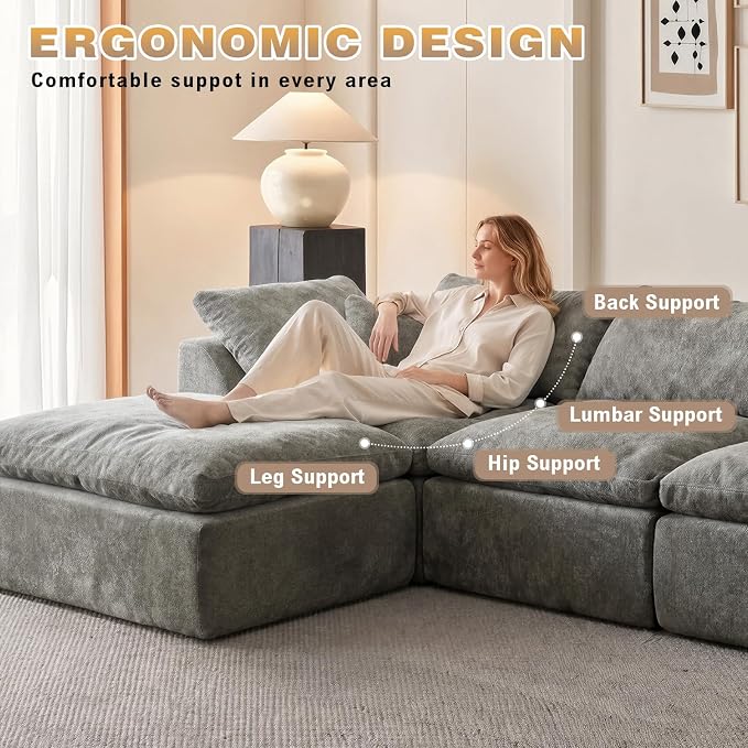 110" Boneless Cloud Couch Sectional for Living Room, Oversized Modular L Shaped Sofa with Ottoman, Deep Seat Chenille Sectional Couch for Cloud-Like Comfort (Ash Grey)