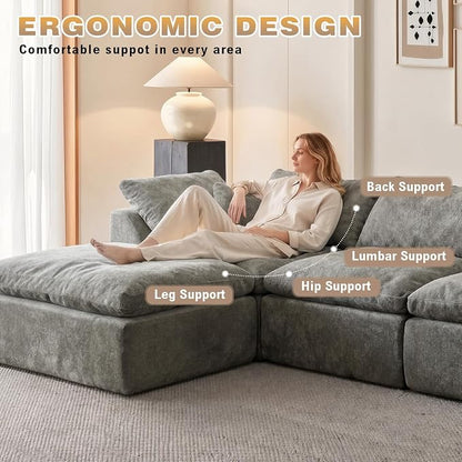 110" Boneless Cloud Couch Sectional for Living Room, Oversized Modular L Shaped Sofa with Ottoman, Deep Seat Chenille Sectional Couch for Cloud-Like Comfort (Ash Grey)