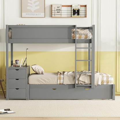 Harper & Bright Designs Twin Over Twin Bunk Bed Twin Size Trundle, Wood Twin Bunk Bed with USB Ports, Storage and Desk, Gray