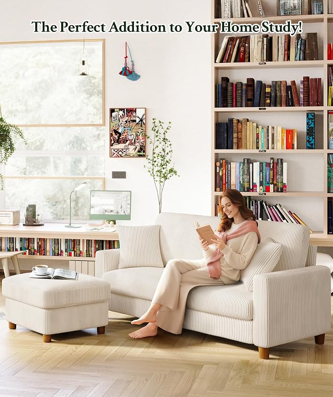 Welzona 70.2" Couches for Living Room, Comfy L Shaped Couch Beige 7.1" Thicker Cushion, Sofas for Living Room Tool-Free Setup, Loveseat with Ottoman 705lbs Support, Corduroy Couch for Bedroom, Office