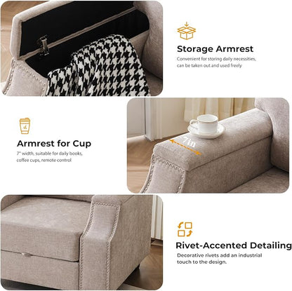 Rexulqo 85'' L Shaped Couch with Armrest Organizer,3 Seats Sofas with Storage Ottoman,Comfy Sectional Sofa with Thick Cushion,Chenille Sectional Couches for Living Room,Bedroom,Apartment,Khaki