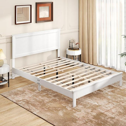 GOFLAME Queen Size Wood Bed Frame, Mid-Century Modern Platform Bed with Headboard, Solid Wood Legs, Mattress Foundation with 12 Wooden Slats, No Box Spring Needed, White
