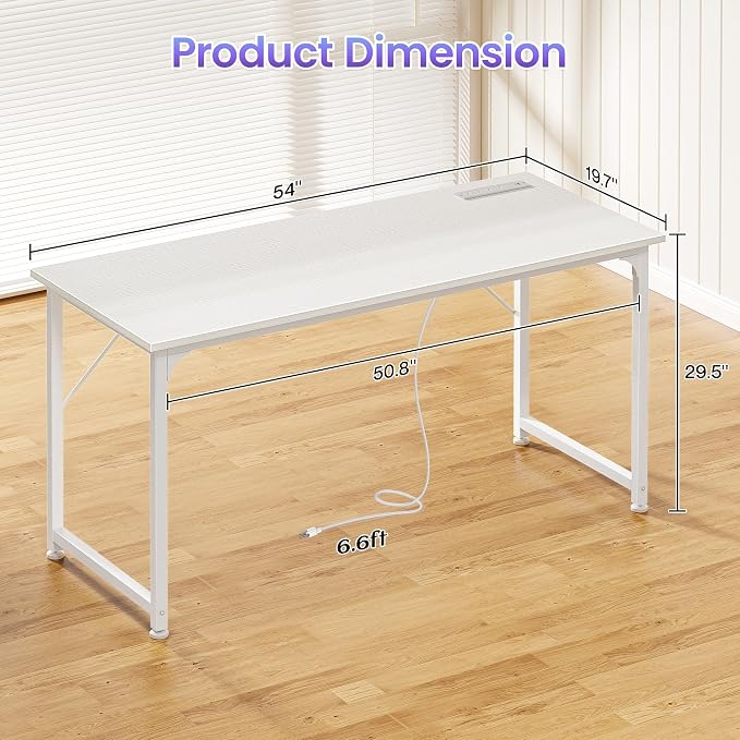 PRAISUN 55 X 20 Inch Office Computer Desk with Power Outlets and USB-C Port, Larger and Longer Gaming Desk, for Home Office, Study, Bedroom, Writing Work from Home Table, Metal Frame, White
