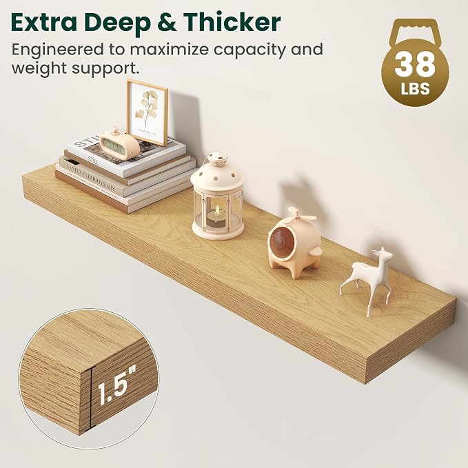 Floating Shelves for Wall, 36 Inch x 8 Inch Deep Wall Mounted Wood Shelf with Invisible Brackets for Storage & Display, Living Room Bedroom Kitchen, Oak, Set of 2