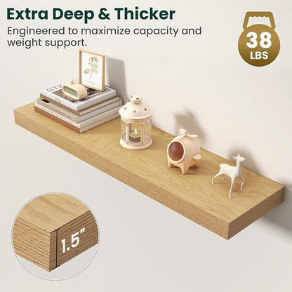 Floating Shelves for Wall, 36 Inch x 8 Inch Deep Wall Mounted Wood Shelf with Invisible Brackets for Storage & Display, Living Room Bedroom Kitchen, Oak, Set of 2