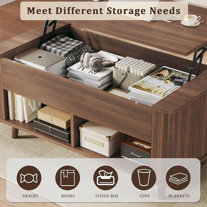 Lift Top Coffee Table with Storage, 41" Mid Century Modern Coffee Table with Fluted & Curved Profile Design, Hidden Storage Compartment, Lower Shelf Center Table for Living Room Office, Walnut
