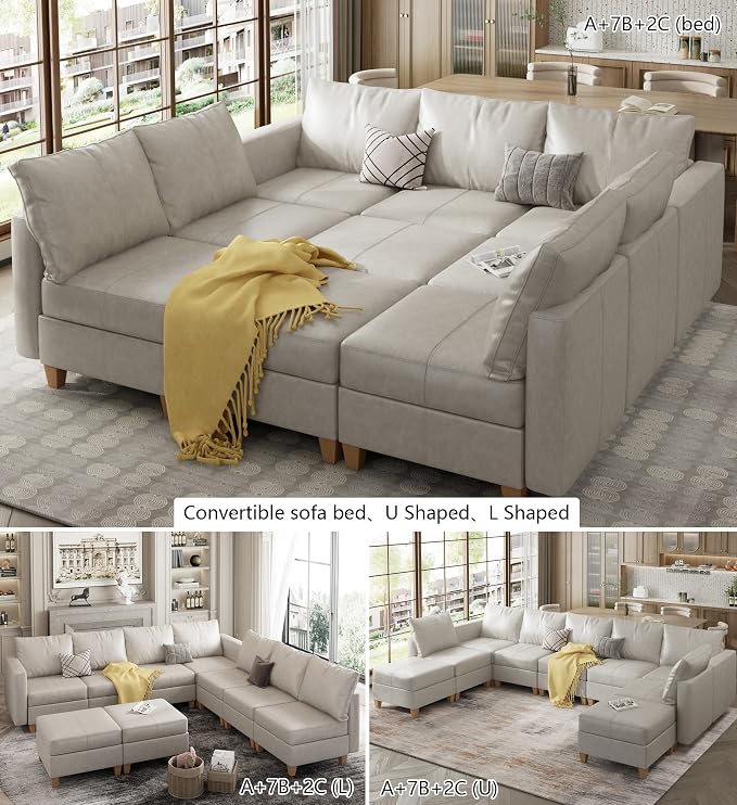 EASE MOOSE Modular Sleeper Sofa Sectional Couch with Storage, Faux Leather Modular Sofa Bed Sectional Sofa for Living Room Beach White