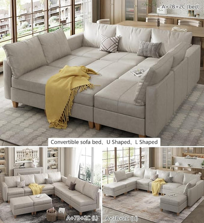 EASE MOOSE Modular Sleeper Sofa Sectional Couch with Storage, Faux Leather Modular Sofa Bed Sectional Sofa for Living Room Beach White
