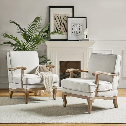 HULALA HOME Mid-Century Modern Accent Chair Set of 2, Upholstered Living Room Lounge Chair, Comfy Armchair with Solid Wood Legs & Removable Cushion, Bedroom Lounge Room Sofa Chair (Ivory)