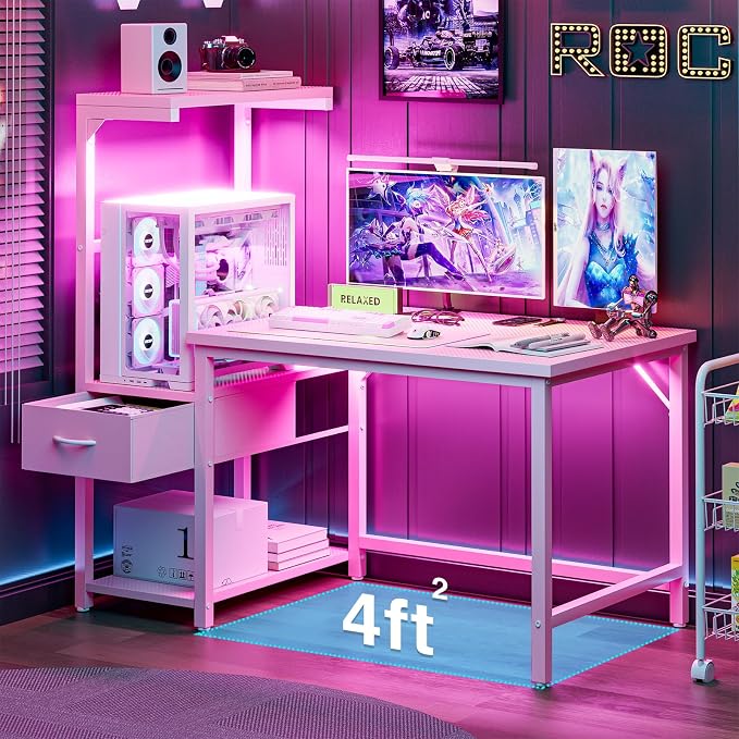 Grandder Gaming Desk 41 Inch with CPU Stand and LED Light, Computer Desk with Reversible Shelves and Storage Drawer, Pc Small Desk for Home Office Table with Bag, Pink