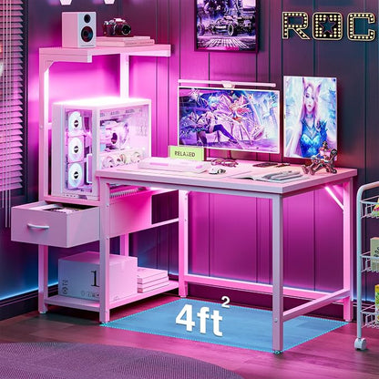 Grandder Gaming Desk 41 Inch with CPU Stand and LED Light, Computer Desk with Reversible Shelves and Storage Drawer, Pc Small Desk for Home Office Table with Bag, Pink