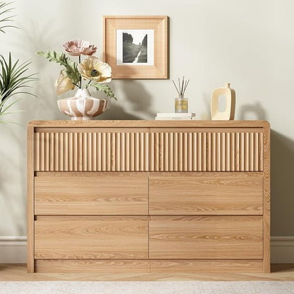 LYNSOM 6 Drawer Dresser for Bedroom, 50" Wide Fluted Dresser with Curved Corners, Wood Dressers & Chests of Drawers with Dual-Panel Design for Bedroom, Entryway, Oak