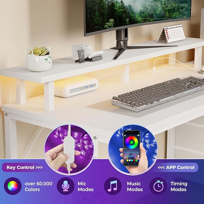 DUMOS 52” Gaming Desk with USB Charging Ports & LED Lights, Reversible Computer Desk with Drawers, PC Desk for Home Office Small Space, Gaming Table Fits PC Towers, White