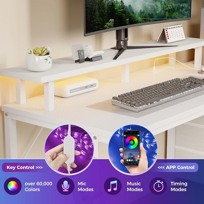 DUMOS 52” Gaming Desk with USB Charging Ports & LED Lights, Reversible Computer Desk with Drawers, PC Desk for Home Office Small Space, Gaming Table Fits PC Towers, White