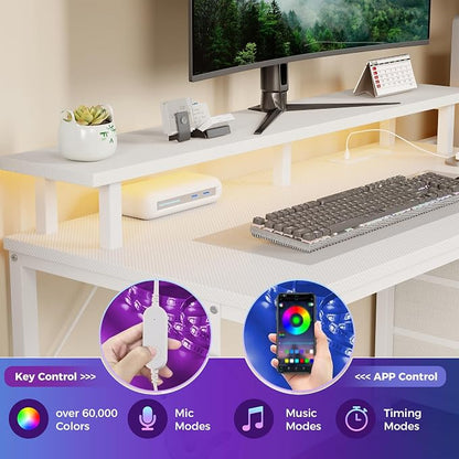 DUMOS 52” Gaming Desk with USB Charging Ports & LED Lights, Reversible Computer Desk with Drawers, PC Desk for Home Office Small Space, Gaming Table Fits PC Towers, White