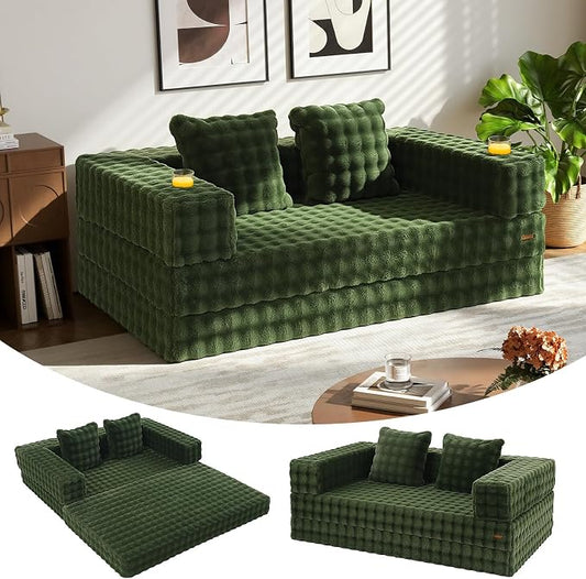 COMAX Futon Sofa Bed, Convertible Sofa Bed, Folding Boneless Couches | Boneless Couch for living room, Fold Out Small Foldable Loveseat Floor Sleeper Mattress Lounge Space‑Saving, Classic Green