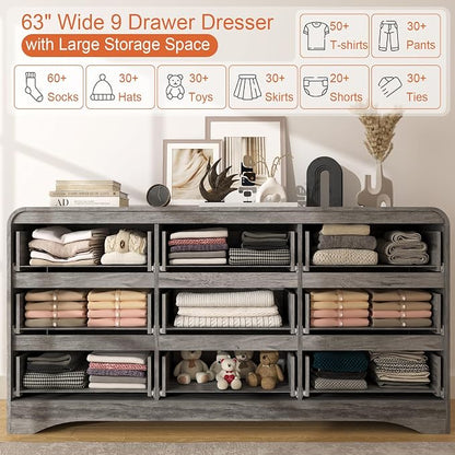 9 Drawer Dresser and Nightstand Sets for Bedroom, 3 Piece Bedroom Set | Wood 9 Drawer Dresser & Night Stand Set of 2, Large Chest of Drawers Modern Storage Cabinet Bedroom Furniture Set, Grey