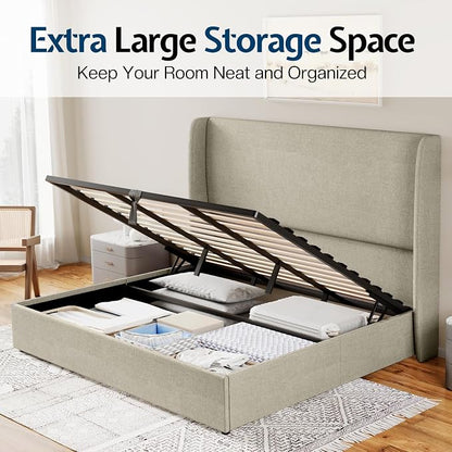 Jocisland King Size Upholstered Platform Bed Frame with Hydraulic Lift Storage, Wingback Headboard, Wood Slats Support, No Box Spring Needed, Linen Khaki