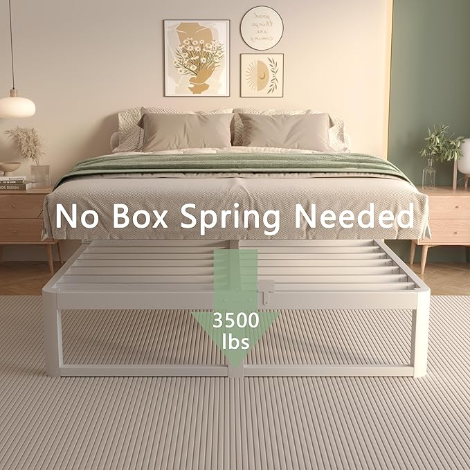 VYM 12 Inch Full Bed Frame, Platform Bed Frames with Metal Gaskets, Anti-Slip Mattress Stopper, No Box Spring Needed, Heavy Duty Steel Slat Support 3500 LBS, Round Corner Leg, Easy Assembly, White