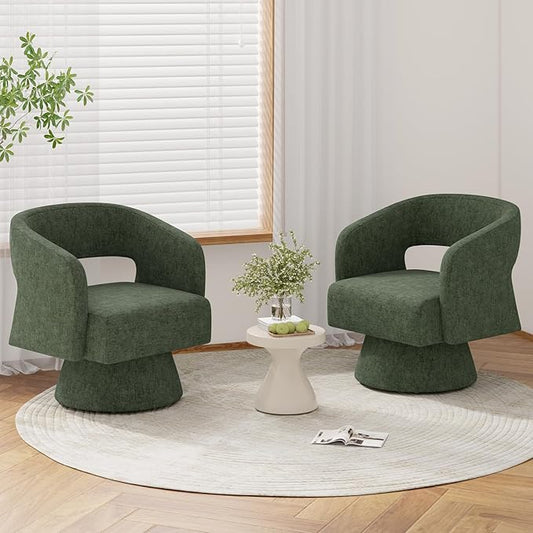 Luxanimarion Swivel Barrel Accent Chair,Oversized Chenille Upholstered Round Swivel Chair,Modern Luxury 360 Degree Living Room Vanity Chair for Bedroom Office,Green,2PCS