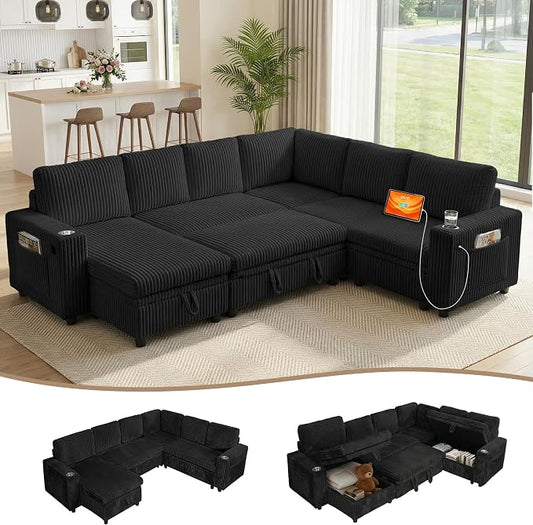 Sectional Sleeper Sofa with Pull Out Bed, 7-Seat L-Shaped, Black | Modular cloud couch with plush corduroy, hidden storage, USB charging, cup holders – Perfect for family movie nights