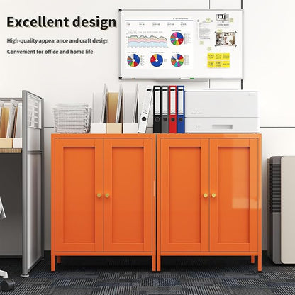 Orange Metal Storage Cabinet with 2 Doors - 31.5''H Bathroom Floor Storage Cabinet, 3 Tier Locker with Adjustable Shelves,Bathroom Cabinet for Office, Home, Living Room, Kitchen