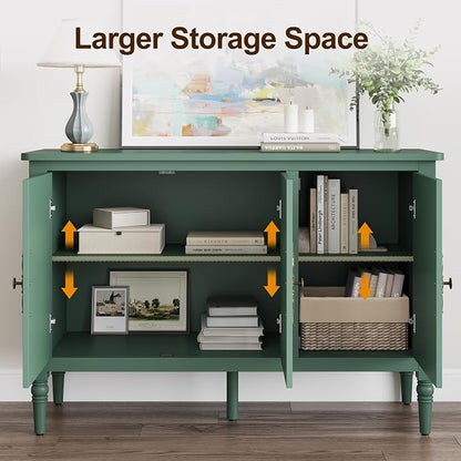 FansaFurn 3-Door Storage Cabinet Set of 2 with Adjustable Shelves, Accent Sideboard Cabinet with Turned Legs, Wood Pantry Cabinet, Buffet Cabinet for Entryway, Living Room, Dining Room, Green