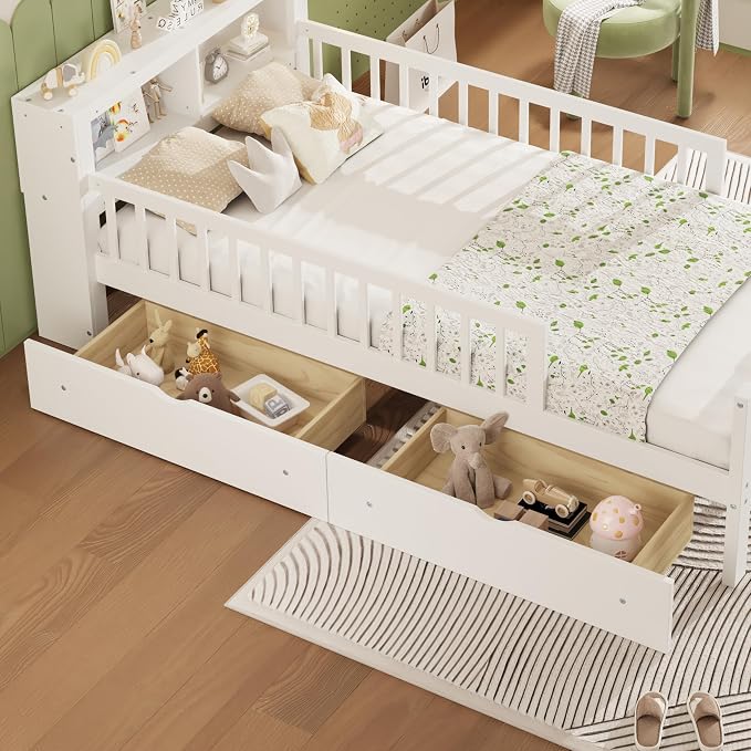 Kids Twin Size Bed Frame with Storage Drawers and Bookcase,Wood Twin Bed Frames for Kids,Twin Bed Frame with Headboard and Footboard for Boys Girls,No Box Spring Needed,White