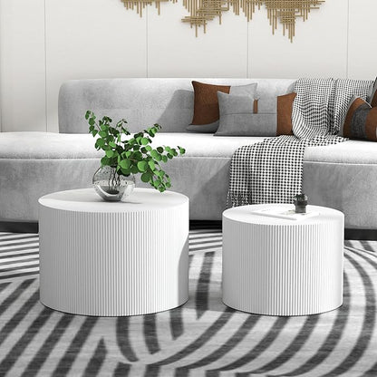 Otterease Round Coffee Table Set of 2, Modern Wooden White Nesting Tables for Living Room, No Assembly Required Circle Side Tables Set Accent End Table for Bedroom, Balcony