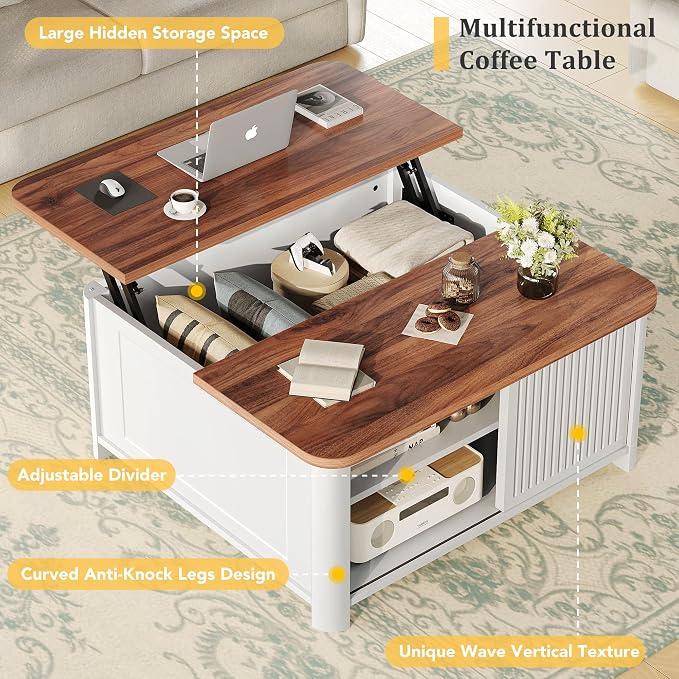 Decofy Lift Top Coffee Table with Storage Mid Century Modern Square Coffee Tables for Living Room, Large Hidden Storage Compartment, Adjustable Shelves & Sliding Door
