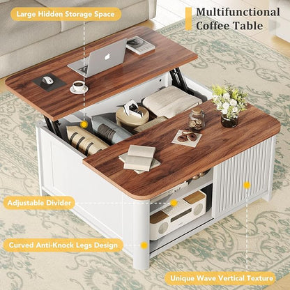 Decofy Lift Top Coffee Table with Storage Mid Century Modern Square Coffee Tables for Living Room, Large Hidden Storage Compartment, Adjustable Shelves & Sliding Door