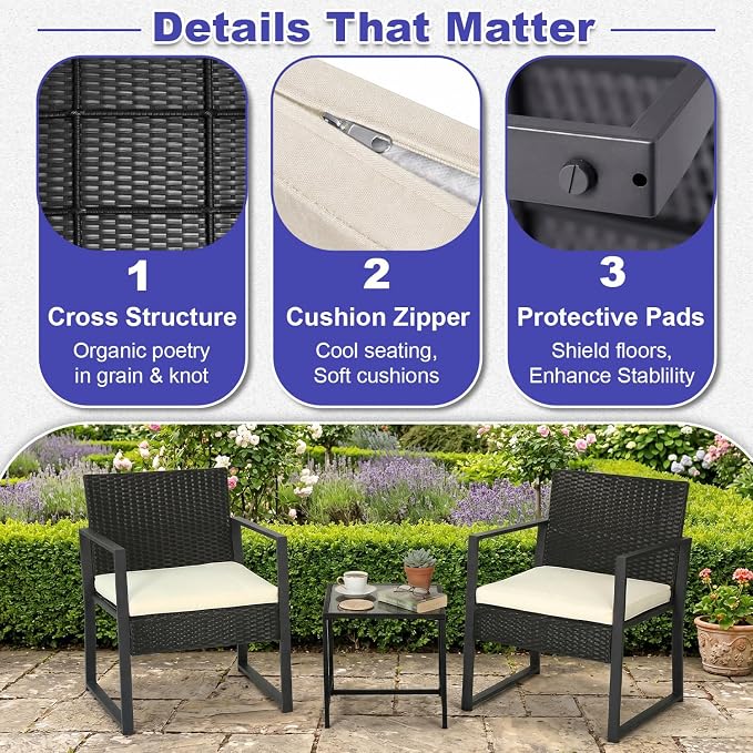 FDW | 3-Piece Patio Furniture Set | Khaki |Outdoor Wicker Furniture with Coffee Table | Modern Rattan Chairs Conversation Set | Outdoor Seating | Weather-Resistant | for Porch, Garden, Lawn