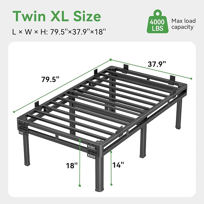 Superay Twin XL Bed Frame, 18 inch Metal Bed Frame & Box Spring 2 in 1 Design, Double Layer Bed Frame with Rounded Legs, Heavy Duty Platform Support 4000lbs, with Matress Gasket & headboard Adapter