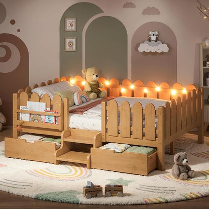 Bellemave Full Kids Montessori Bed with Stairs, Bookshelf and LED Lights, Solid Wood Kids Bed Frame with Storage Drawers for Boys Girls, Low Profile,Natural