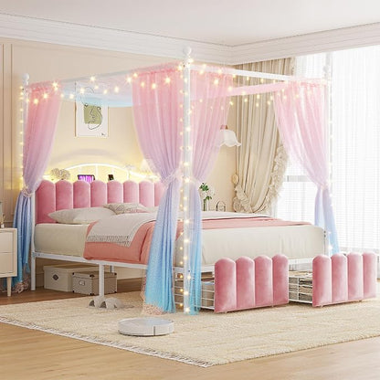Homkdom Canopy Bed Frame Queen Size with Upholstered Storage Headboard and Charging Station & LED Lights, 2 Oversized Drawers,Heavy-Duty Support, No Box Spring,Quiet Sleep,Easy Assembly, Pink