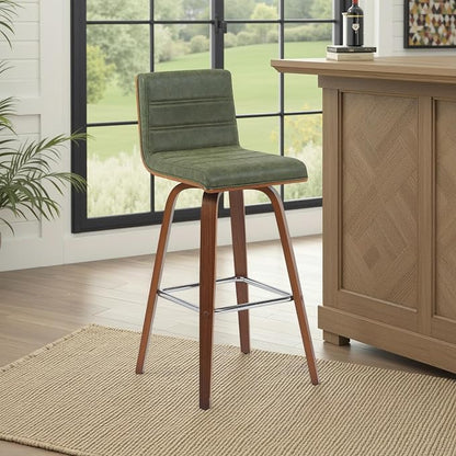 Armen Living Vienna Modern Swivel 30" Bar Height Barstool with Vintage Green Faux Leather and Walnut Wood Finish