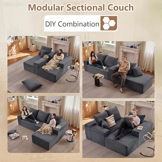 Sectional Couches for Living Room Cloud Couch Sofa with L-Shape Couch in a Box Upholstered Boneless Couchs Modern Modular Sectional Couch with Chaise (Dark Grey,B-3 Seater-Right-Facing Chaise-96inch)