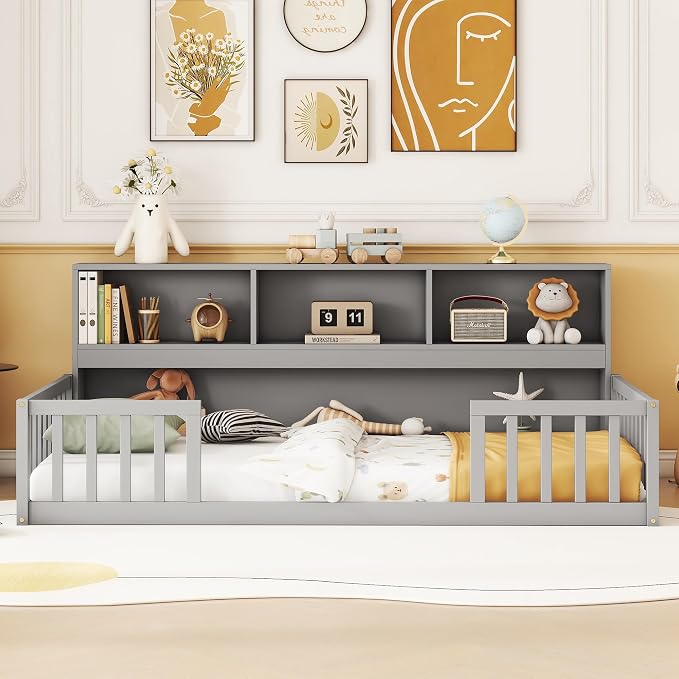 Bellemave Kids Montessori Floor Bed Twin Size,Floor Bed Frame with Bookcase and Shelves for Kids Boys Girls,Twin,Gray
