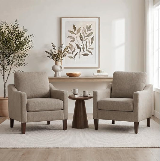 VKNOW Mid-Century Accent Chairs Set of 2, No Tools Assembly Required, Modern Upholstered Polyester Armchairs for Living Room & Bedroom, Comfortable Reading Chairs with Wood Legs, Brown