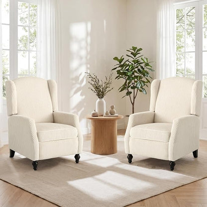 Wingback Recliner Chair, Tufted Corduroy Push Back Arm Chair for Living Room Vintage Recliner Chair with, Padded Cushion, Backrest, Wooden Legs (White)