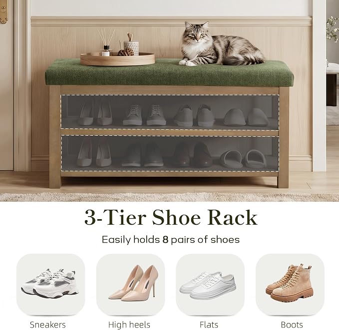 Zihanhome 2 Tier Shoe Rack Bench with Cushion, Solid Wood Shoe Benches, Mid-Century Modern Shoe Storage Bench for Entryway, Hallway, Living Room, Closet, Front Door Entrance, (Green, 39.4")