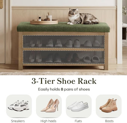 Zihanhome 2 Tier Shoe Rack Bench with Cushion, Solid Wood Shoe Benches, Mid-Century Modern Shoe Storage Bench for Entryway, Hallway, Living Room, Closet, Front Door Entrance, (Green, 39.4")