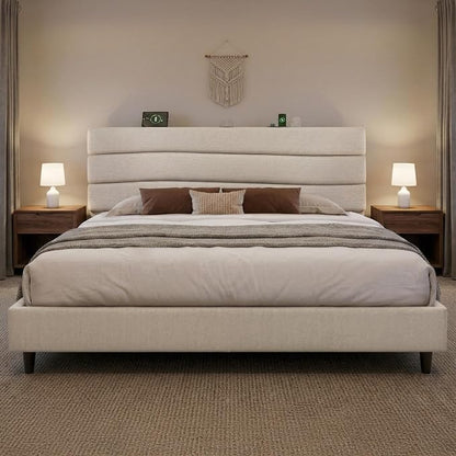 EnHomee King Size Platform Bed Frame with Headboard, Adjustable Height, Wooden Slats,Charging Stations,Noise-Free, No Box Spring Needed,Easy Assembly,Beige